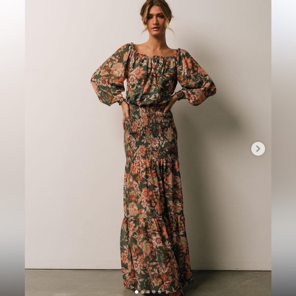 Baltic Born Dresses & Skirts - Baltic Born Lizzie Smocked Maxi Dress Floral Green Chiffon Long Puff Sleeves